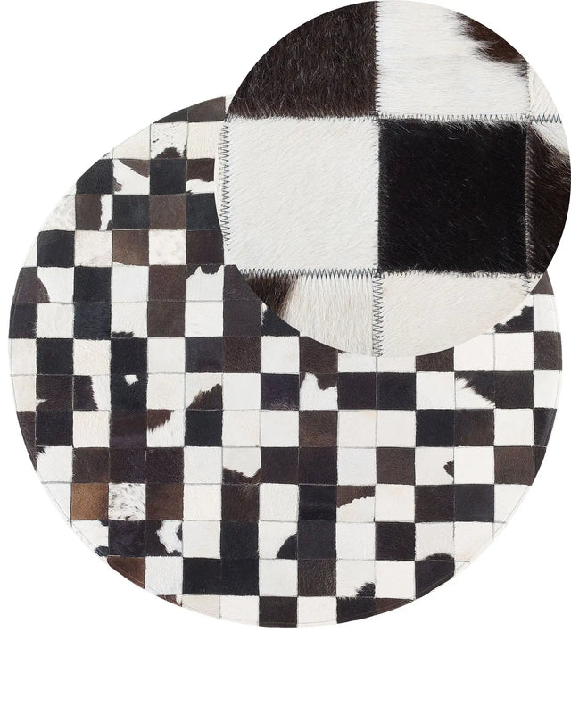 Round Rug Black and White Leather  140 cm Patchwork Hand Crafted Beliani