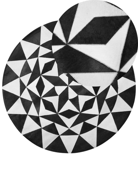 Round Rug Black and White Cowhide Leather  140 cm Handcrafted Low Pile Modern Beliani