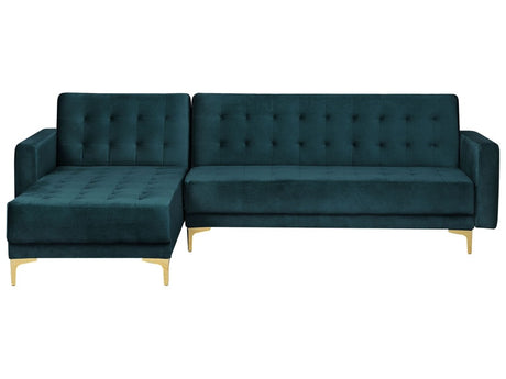 Corner Sofa Bed Teal Velvet Tufted Fabric Modern L-Shaped Modular 4 Seater Right Hand Chaise Longue Beliani