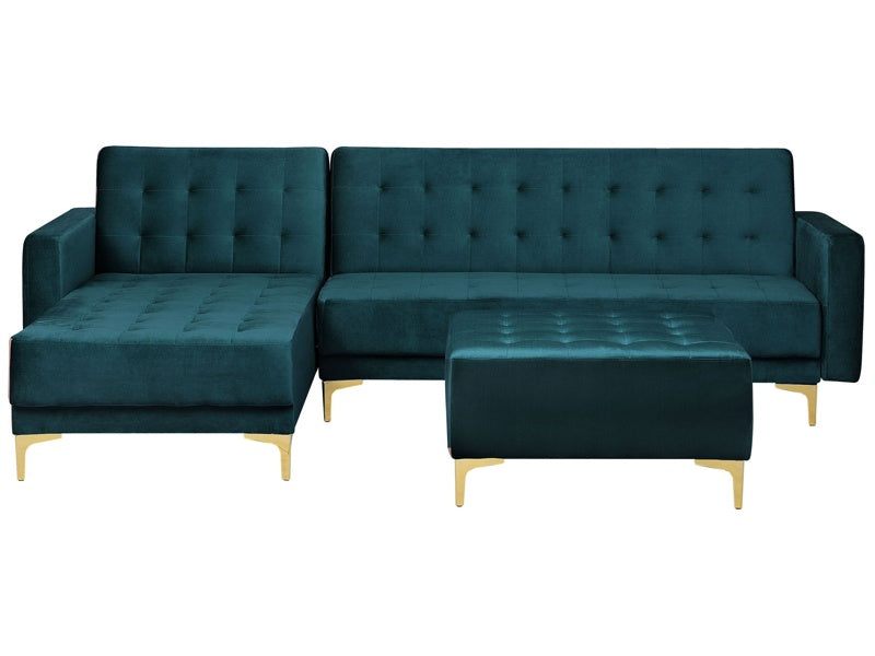 Corner Sofa Bed Teal Velvet Tufted Fabric Modern L-Shaped Modular 4 Seater with Ottoman Right Hand Chaise Longue Beliani