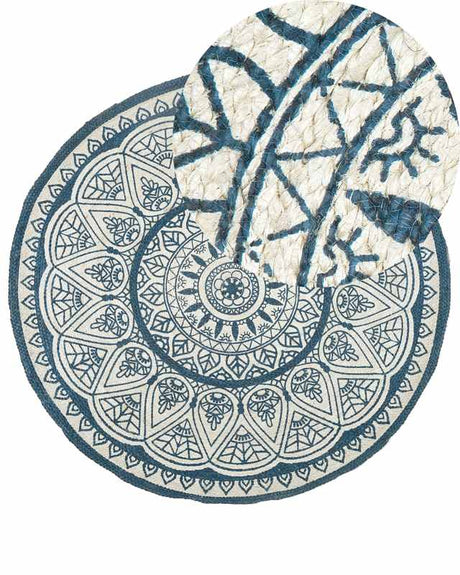 Area Rug Blue Hemp ø 120 cm Round Hand Woven Oriental Boho Beliani