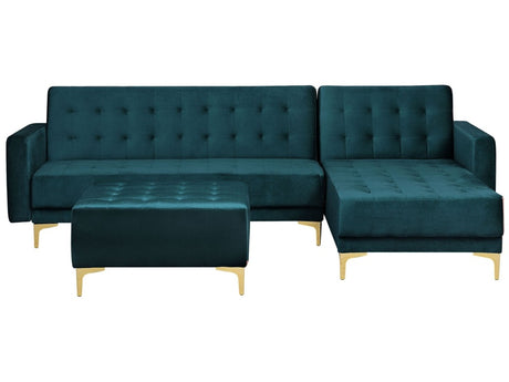 Corner Sofa Bed Teal Velvet Tufted Fabric Modern L-Shaped Modular 4 Seater with Ottoman Left Hand Chaise Longue Beliani