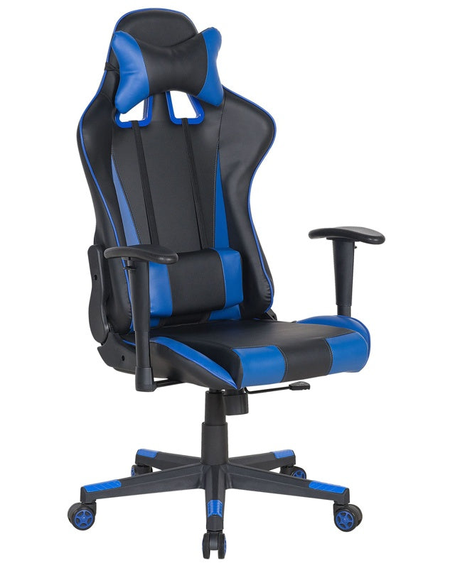 Gaming Chair Black Faux Leather with Blue Reclining Adjustable Armrests Height Lumbar Support Headrest Cushion Office Chair Beliani