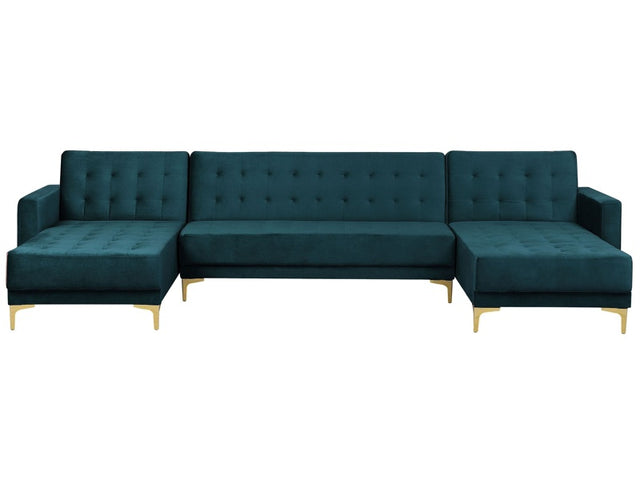 Corner Sofa Bed Teal Velvet Tufted Fabric Modern U-Shaped Modular 5 Seater with Chaise Lounges Beliani