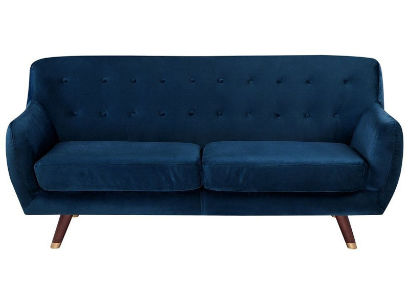 Sofa Navy Blue Velvet 3 Seater Button Tufted Back Cushioned Seat Wooden Legs Beliani