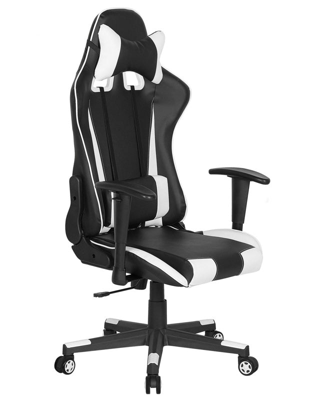 Gaming Chair Black Faux Leather with White Reclining Adjustable Armrests Height Lumbar Support Headrest Cushion Office Chair Beliani