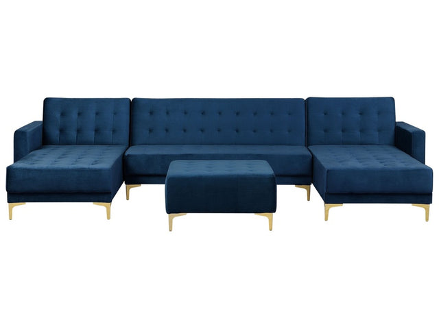 Corner Sofa Bed Navy Blue Velvet Tufted Fabric Modern U-Shaped Modular 5 Seater with Ottoman Chaise Lounges Beliani