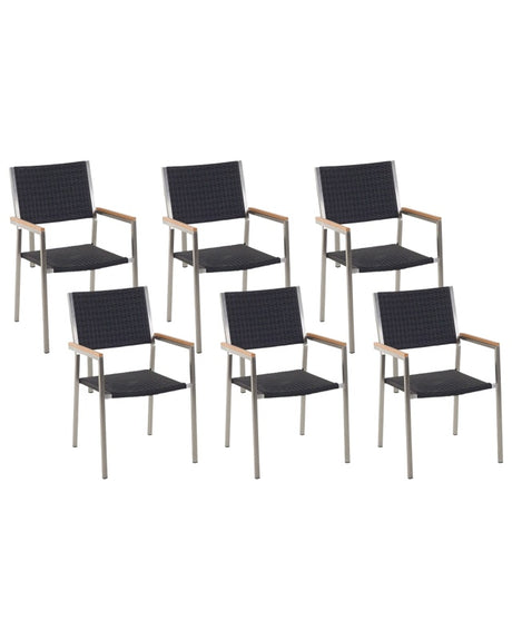 Set of 6 Garden Dining Chairs Black and Silver Faux Rattan Seat Stainless Steel Legs Stackable Outdoor Resistances Beliani