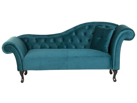 Chaise Lounge Blue Velvet Button Tufted Upholstery Right Hand Rolled Arms with Cushion Beliani