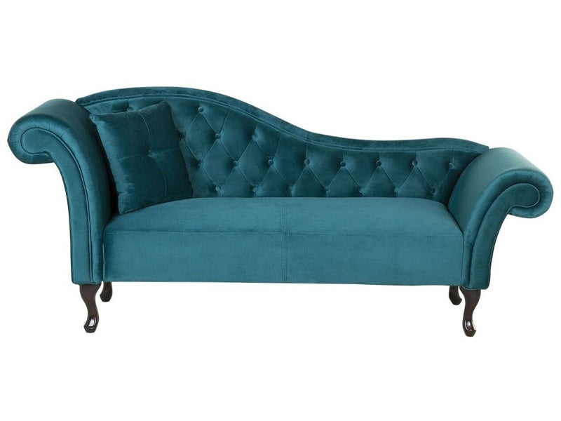 Chaise Lounge Blue Velvet Button Tufted Upholstery Left Hand Rolled Arms with Cushion Beliani