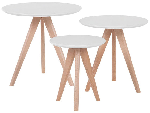 Nest of 3 Tables White Top Light Wood Tripod Base Scandinavian Style Beliani