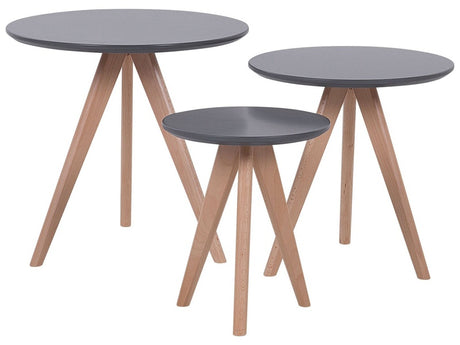 Nest of 3 Tables Grey Top Light Wood Tripod Base Scandinavian Style Beliani