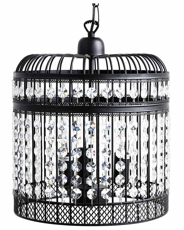 Pendant Ceiling Lamp Black Metal Cage Open Shade Faux Crystals Vintage Glamour Beliani