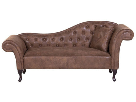 Chaise Lounge Brown Faux Suede Button Tufted Upholstery Right Hand Rolled Arms with Cushion Beliani