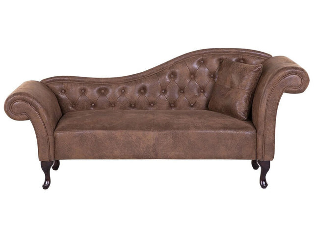 Chaise Lounge Brown Faux Suede Button Tufted Upholstery Right Hand Rolled Arms with Cushion Beliani