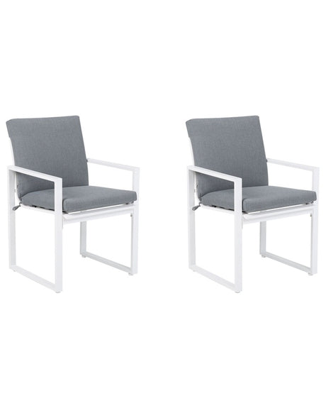 Set of 2 Garden Chairs White Aluminium Frame Outdoor Dining Chair with Grey Cushion  Beliani