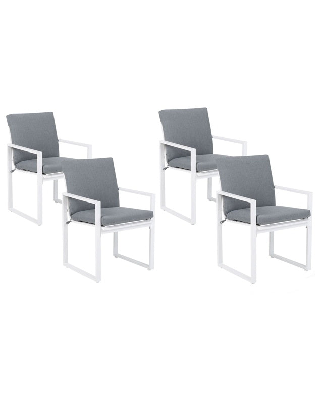 Set of 4 Garden Chairs White Aluminium Frame Outdoor Dining Chair with Grey Cushion  Beliani