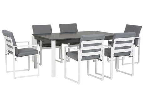 7 Piece Garden Dining Set White Aluminium Extending Table and 6 Chairs with Grey Cushions Beliani