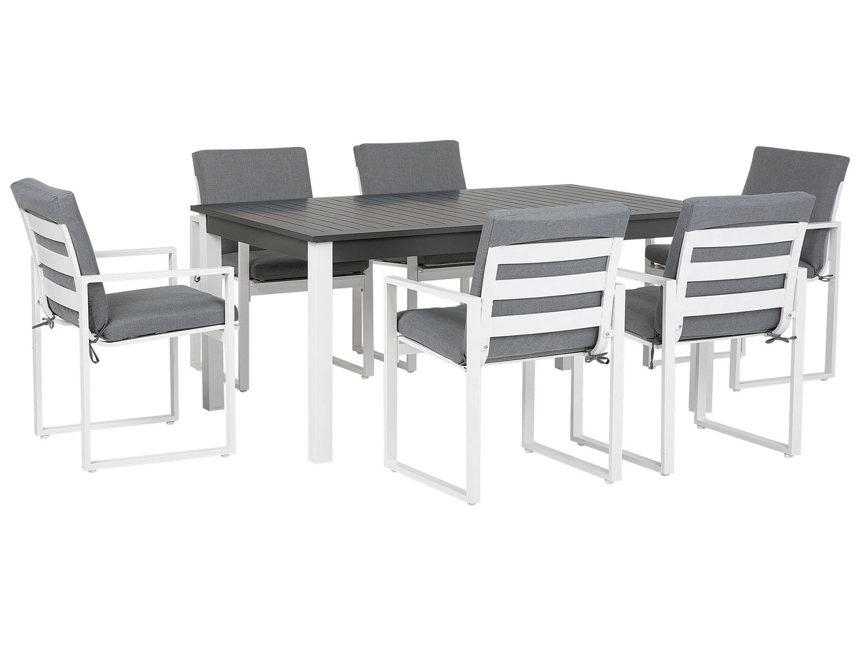 7 Piece Garden Dining Set White Aluminium Extending Table and 6 Chairs with Grey Cushions Beliani