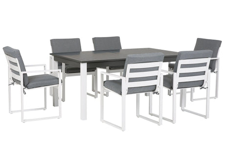 7 Piece Garden Dining Set White Aluminium Extending Table and 6 Chairs with Grey Cushions Beliani