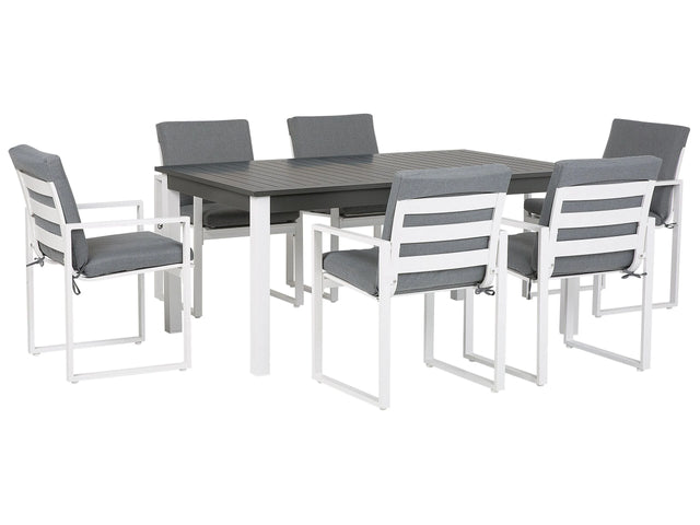 7 Piece Garden Dining Set White Aluminium Extending Table and 6 Chairs with Grey Cushions Beliani
