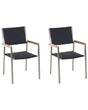 Set of 2 Garden Dining Chairs Black and Silver Faux Rattan Seat Stainless Steel Legs Stackable Outdoor Resistances Beliani