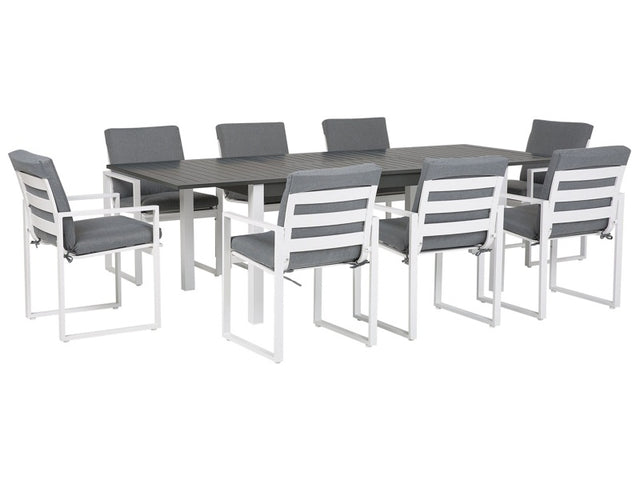 9 Piece Garden Dining Set White Aluminium Extending Table and 8 Chairs with Grey Cushions Beliani