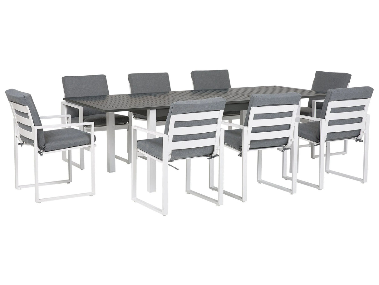 9 Piece Garden Dining Set White Aluminium Extending Table and 8 Chairs with Grey Cushions Beliani