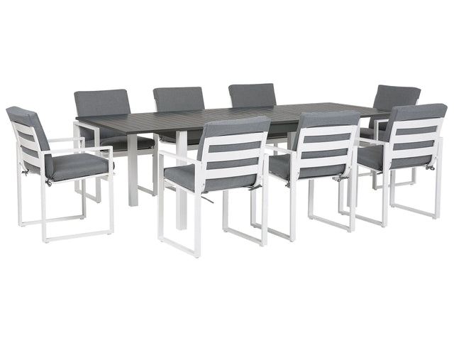 9 Piece Garden Dining Set White Aluminium Extending Table and 8 Chairs with Grey Cushions Beliani