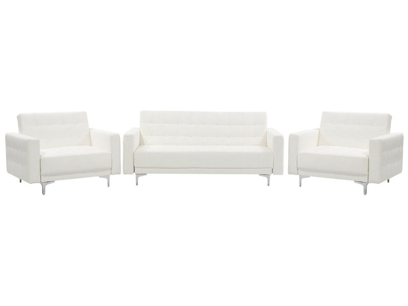 Living Room Set White Faux Leather Tufted 3 Seater Sofa Bed 2 Reclining Armchairs Modern 3-Piece Suite Beliani