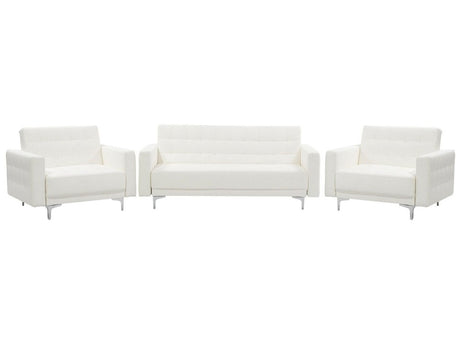 Living Room Set White Faux Leather Tufted 3 Seater Sofa Bed 2 Reclining Armchairs Modern 3-Piece Suite Beliani