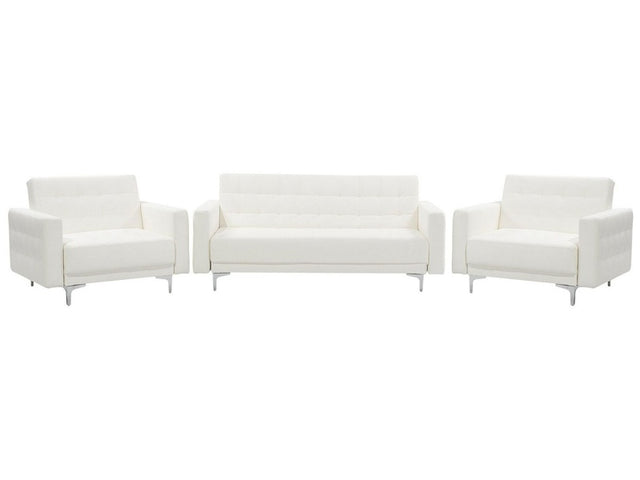 Living Room Set White Faux Leather Tufted 3 Seater Sofa Bed 2 Reclining Armchairs Modern 3-Piece Suite Beliani