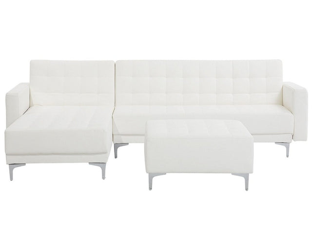 Corner Sofa Bed White Faux Leather Tufted Modern L-Shaped Modular 4 Seater with Ottoman Right Hand Chaise Longue Beliani