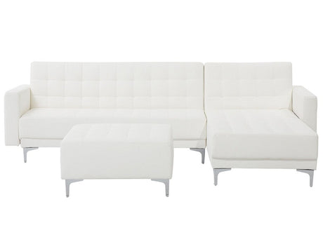 Corner Sofa Bed White Faux Leather Tufted Modern L-Shaped Modular 4 Seater with Ottoman Left Hand Chaise Longue Beliani