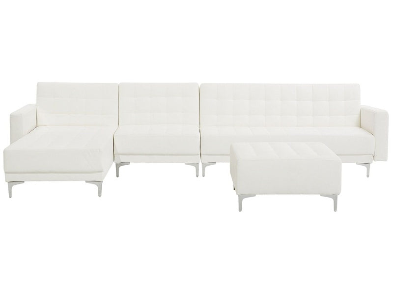 Corner Sofa Bed White Faux Leather Tufted Modern L-Shaped Modular 5 Seater with Ottoman Right Hand Chaise Longue Beliani