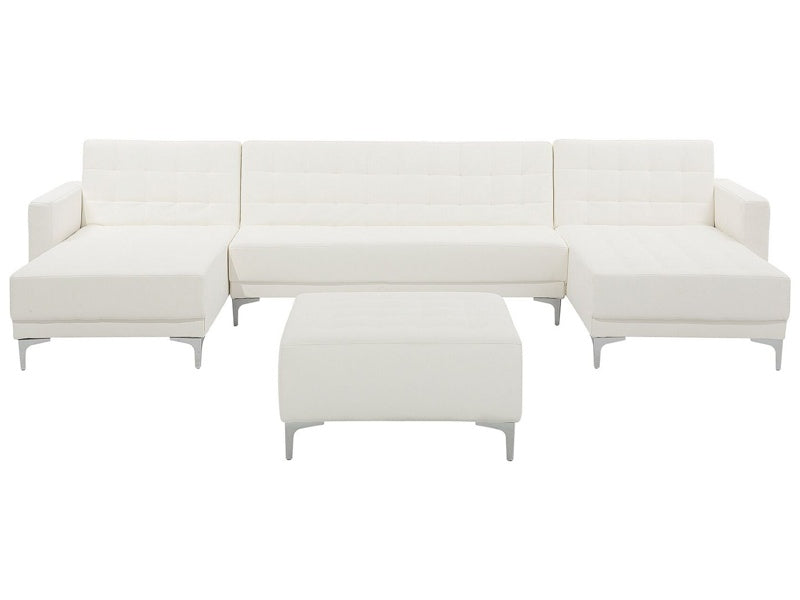 Corner Sofa Bed White Faux Leather Tufted Modern U-Shaped Modular 5 Seater with Ottoman Chaise Lounges Beliani