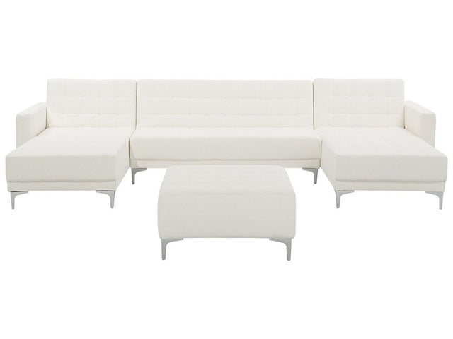 Corner Sofa Bed White Faux Leather Tufted Modern U-Shaped Modular 5 Seater with Ottoman Chaise Lounges Beliani