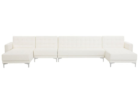 Corner Sofa Bed White Faux Leather Tufted Modern U-Shaped Modular 6 Seater with Chaise Lounges Beliani