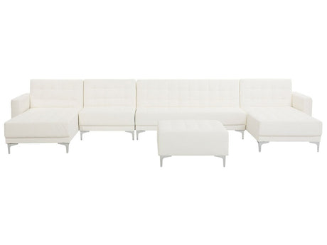 Corner Sofa Bed White Faux Leather Tufted Modern U-Shaped Modular 6 Seater with Ottoman Chaise Lounges Beliani