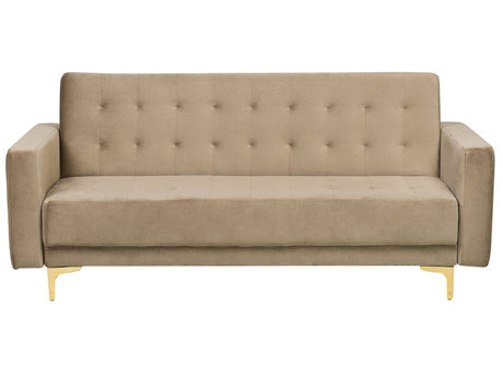 Sofa Bed Beige Velvet Tufted Fabric Modern Living Room Modular 3 Seater Gold Legs Track Arm Beliani