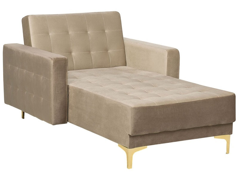 Chaise Lounge Sand Beige Velvet Tufted Fabric Modern Living Room Reclining Day Bed Gold Legs Track Arms Beliani