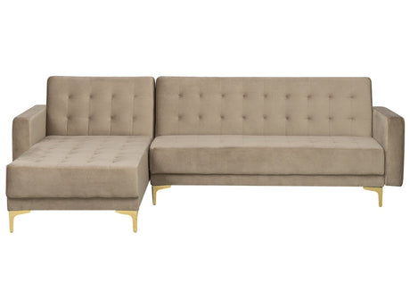 Corner Sofa Bed Beige Velvet Tufted Fabric Modern L-Shaped Modular 4 Seater Right Hand with Ottoman Chaise Longue Beliani