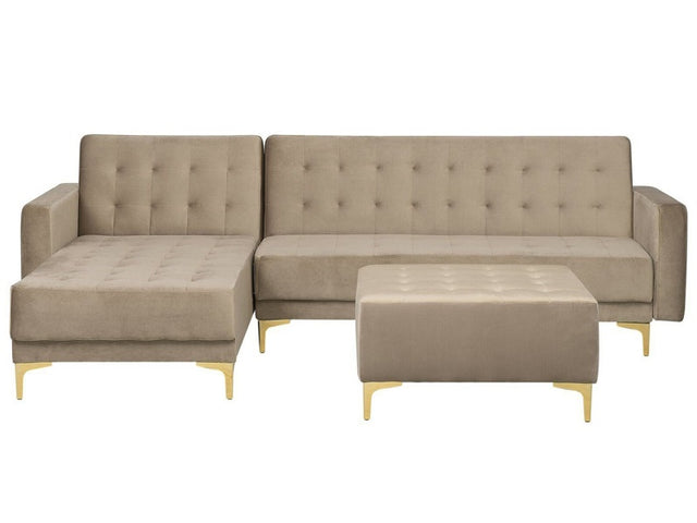 Corner Sofa Bed Beige Velvet Tufted Fabric Modern L-Shaped Modular 4 Seater with Ottoman Right Hand Chaise Longue Beliani