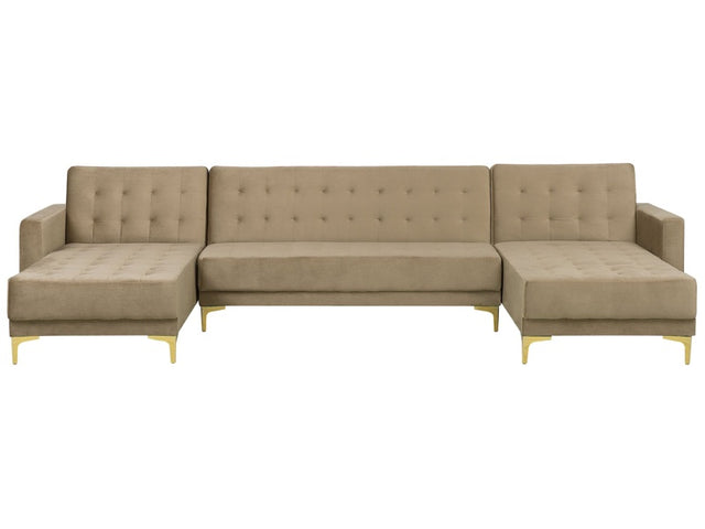 Corner Sofa Bed Beige Velvet Tufted Fabric Modern U-Shaped Modular 5 Seater with Chaise Lounges Beliani