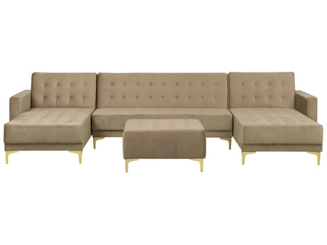 Corner Sofa Bed Beige Velvet Tufted Fabric Modern U-Shaped Modular 5 Seater with Ottoman Chaise Lounges Beliani