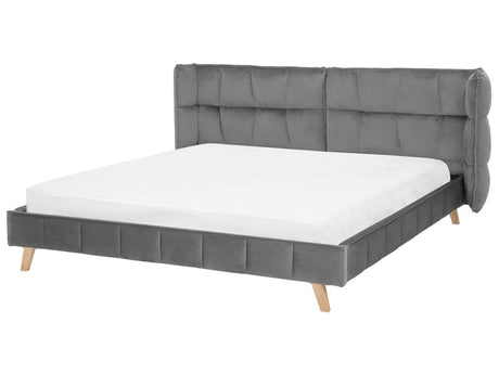 Bed Frame Grey Velvet Tufted Upholstery Light Wood Legs EU Super King Size 6ft Slatted with Adjustable Wingback Headboard Beliani