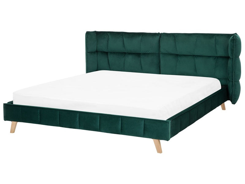 Bed Frame Emerald Green Velvet Tufted Upholstery Light Wood Legs EU Super King Size 6ft Slatted with Adjustable Wingback Headboard Beliani