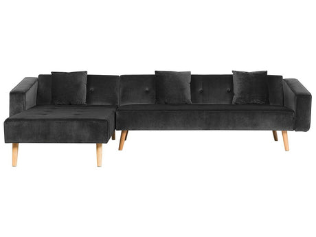 Corner Sofa Bed with 3 Pillows Black Velvet Upholstery Light Wood Legs Reclining Right Hand Chaise Longue 4 Seater Beliani