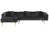 Corner Sofa Bed with 3 Pillows Black Velvet Upholstery Light Wood Legs Reclining Right Hand Chaise Longue 4 Seater Beliani