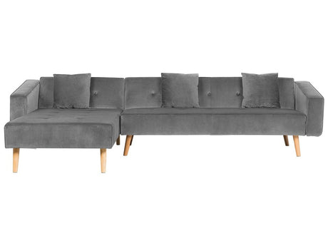 Corner Sofa Bed with 3 Pillows Grey Velvet Upholstery Light Wood Legs Reclining Right Hand Chaise Longue 4 Seater Beliani